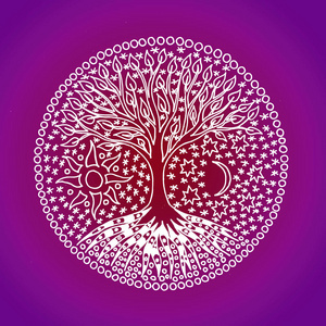 生命之树。 曼达拉。 五颜六色的红色和紫色的象征图案。 在明亮的背景上手动图形。 精神象征。