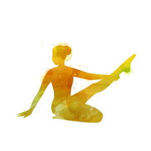 水彩瑜伽女性轮廓白色背景。 数字艺术绘画