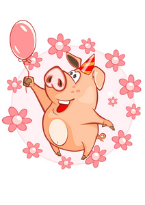 可爱猪与气球卡通矢量插图