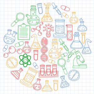 化学的向量集合, 科学图标。带有实验室设备图像的图案