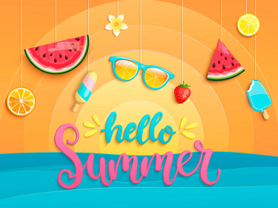 你好，夏季问候海报与海洋，太阳和象征夏季，如冰淇淋，西瓜，草莓，眼镜。