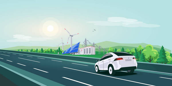 自然日落景观中电动汽车在空公路道路上行驶的矢量插图。 可再生能源太阳能电池板风力涡轮机电池存储高压电网的背景。