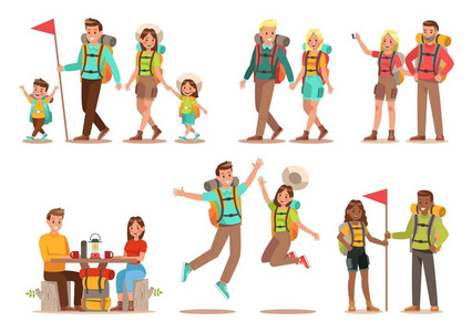 家庭生活方式。 家庭旅行时间。 幸福的家庭去野营。 矢量插图设计。
