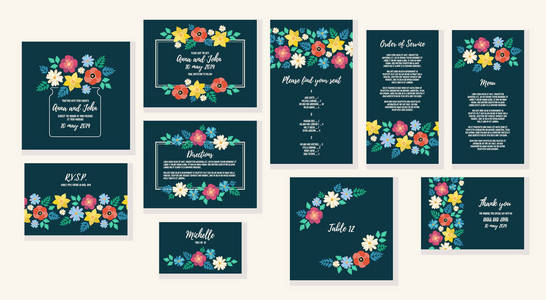 婚礼邀请框架设置与平花架背景手绘花卉元素标签。 矢量设计模板隔离。 保存日期欢迎和感谢卡菜单和其他