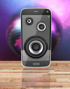 音乐智能手机手机音乐应用手机和扬声器，在木地板和迪斯科球背景反射3D
