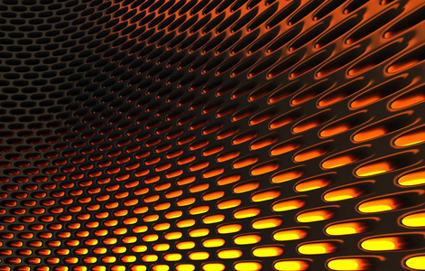 金属网格格栅。 高分辨率抽象三维渲染背景。 带有橙色光的黑色碳网格的三维渲染。