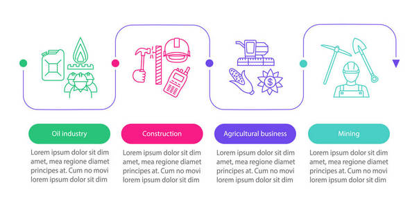 生产矢量信息模板。 石油工业建设农业业务开采。 介绍要素。 数据可视化步骤和选项。 进程时间轴图。 工作流程布局