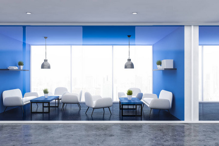 办公室候诊室的内部有蓝色的墙壁，全景窗，白色沙发和扶手椅，站在蓝色的咖啡桌和书架附近。 3D渲染