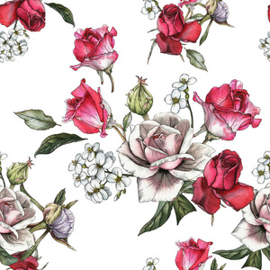 水彩玫瑰和茉莉花的无缝图案