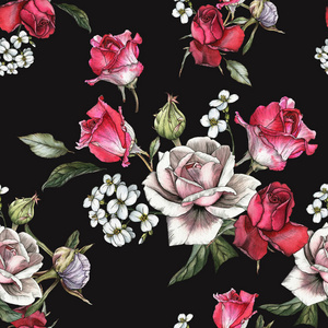 水彩玫瑰和茉莉花的无缝图案