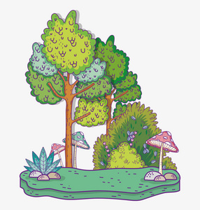自然灌木植物与树木和真菌矢量插图