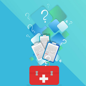 医生或护士套件实验室设备浅蓝色背景矢量插图网页和打印与问题标志