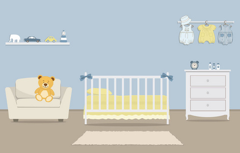 s room for a newborn baby. Interior bedroom for a baby boy in a 