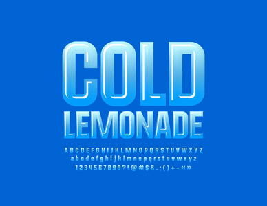 矢量光泽标志冷柠檬水与蓝色字体。 儿童广告营销推广的现代字母字母数字和符号。