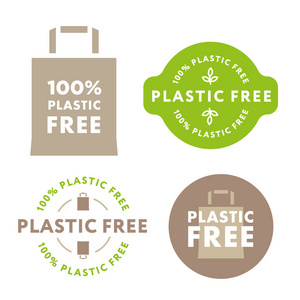 塑料自由生活。绿色健康有机生态标签邮票徽章收藏。纸袋回收概念。