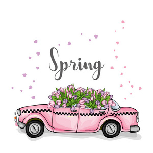 出租车和一束郁金香。 贺卡或海报的矢量插图。 春天的花。