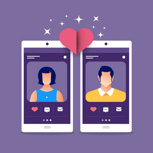 现代插图通过手持移动聊天和男女之间的社会活动关系来实现在线约会应用。 矢量说明。