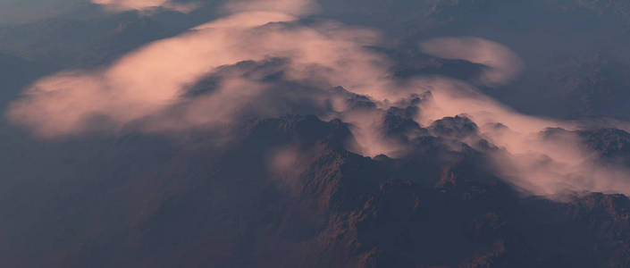 云层覆盖的山脉的空中。