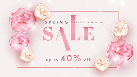 春季销售横幅或海报设计，40折扣优惠，美丽的花朵装饰在光滑的粉红色背景。