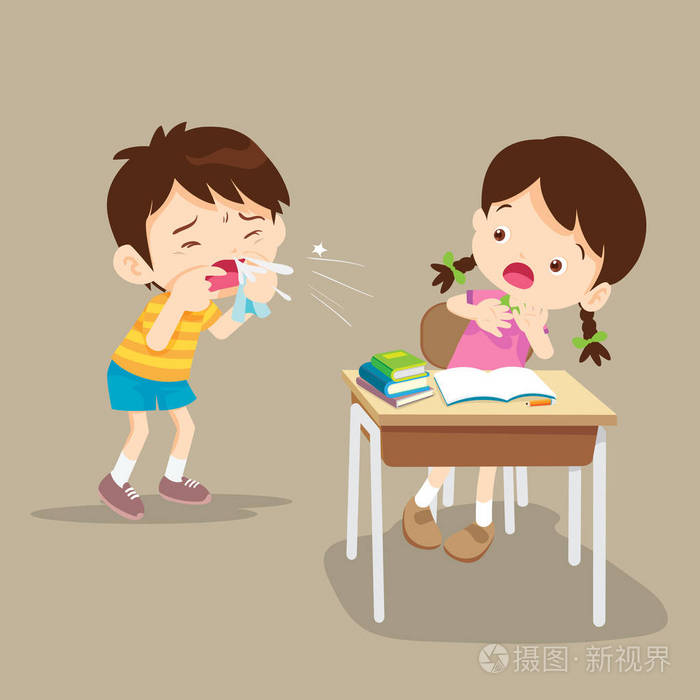 可爱的男孩用纸巾擦鼻涕.在课堂上