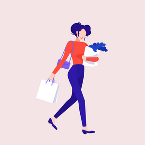一个女人去购物。矢量平面图形。购物袋。女性购物