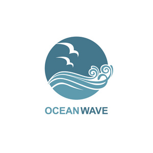 白色背景中孤立的波浪和海鸥海洋图标的抽象设计