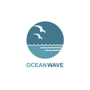 白色背景中孤立的波浪和海鸥海洋图标的抽象设计