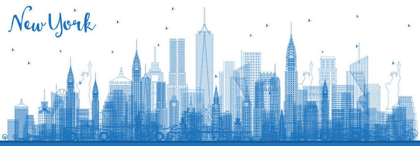 勾勒出纽约美国城市天际线与蓝色建筑。 矢量图。 现代建筑的商务旅游和旅游理念。 纽约城市景观与地标。