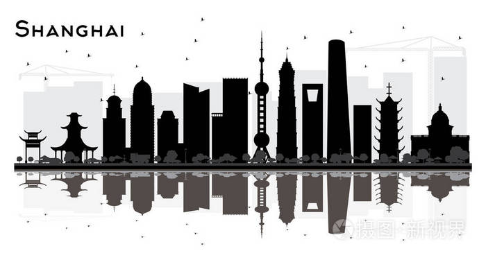 上海中国城市天际线轮廓与黑色建筑和反射孤立在白色矢量图具有历史