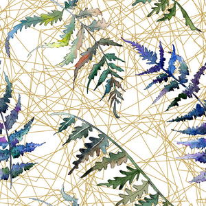 蕨类植物绿叶。 植物植物园花叶。 水彩插图套装。 水彩画隔离水。 无缝背景图案。 织物壁纸印花纹理。
