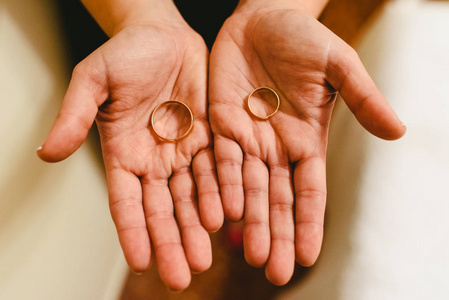 新婚戒指显示在新娘和新郎手中。
