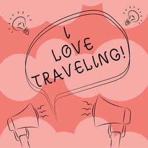 写的笔记显示我喜欢旅行。商业照片展示欣赏使旅行典型的一些长度与车辆手绘轮廓素描的语音泡泡扩音器想法图标