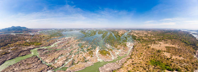 空中全景4000个岛屿湄公河在老挝，里，菲瀑布，著名的旅游目的地，东南亚背包客