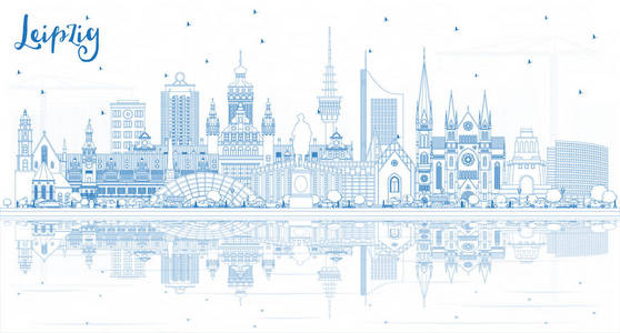 轮廓莱比锡德国城市天际线与蓝色的建筑和反射。 矢量图。 具有历史建筑的商务旅游和旅游理念。 莱比锡城市景观与地标。