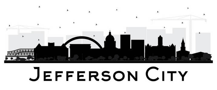 杰弗逊市密苏里州天际线轮廓与黑色建筑隔离在白色。 矢量图。 具有历史建筑的旅游理念。 杰斐逊城市景观与地标。