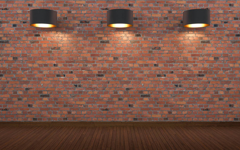 空白砖墙，有文字空间，天花板有灯具