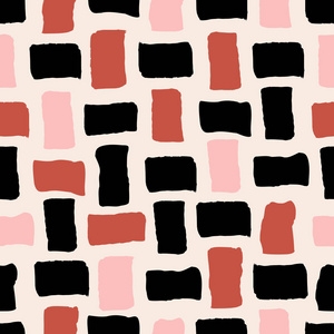 无缝重复图案与矩形形状粘贴粉红色黑色和砖红色的奶油背景。