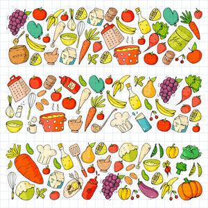 健康的食物和烹饪。水果蔬菜家庭。涂鸦向量集