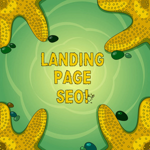 显示着陆页 seo 的概念手写。商业照片展示网络, 游客到达后, 他们点击链接搜索引擎海星在四角与鹅卵石海报广告卡