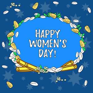 显示快乐女性 s 是一天的文字符号。3月庆祝的概念照片日, 庆祝由不同颜色的种子叶子和卷肉桂制成的羊毛病木花环