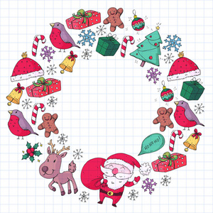圣诞冬季派对新年快乐。牛雀, 圣诞老人, 雪人, 鹿。礼物和糖果