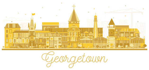 乔治敦圭亚那城市天际线轮廓与金色建筑隔离在白色。 矢量图。 现代建筑的旅游理念。 乔治敦城市景观与地标。