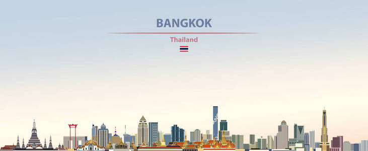 曼谷城市天际线矢量图彩色渐变美丽的白天背景与泰国国旗