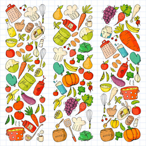 健康的食物和烹饪。水果蔬菜家庭。涂鸦向量集
