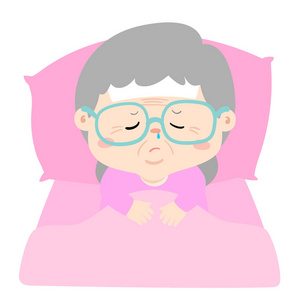 生病的奶奶睡床矢量插图。