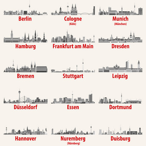 德国城市天际线图标的黑白调色板向量集