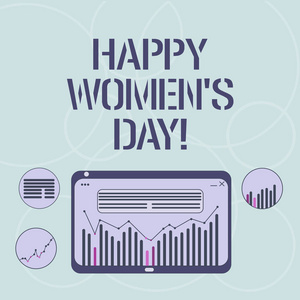 写文字文字快乐的女人 s 是天。3月庆祝的庆祝木分析木数字组合的商业理念平板电脑屏幕上的柱线数据图表