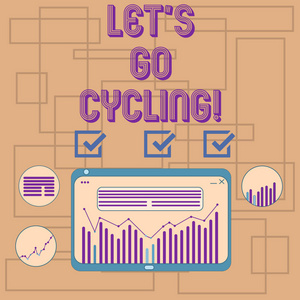 显示 让 s 骑自行车 的文本符号。在平板电脑屏幕上邀请某人参加骑自行车运动或活动的概念照片