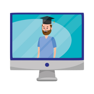 网上教育人在电脑屏幕上戴毕业帽卡通插图平面设计