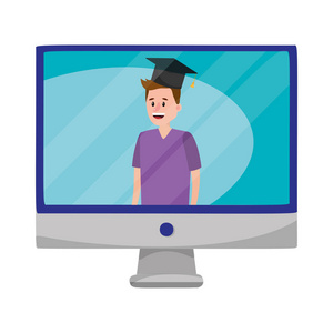 网上教育人在电脑屏幕上戴毕业帽卡通插图平面设计